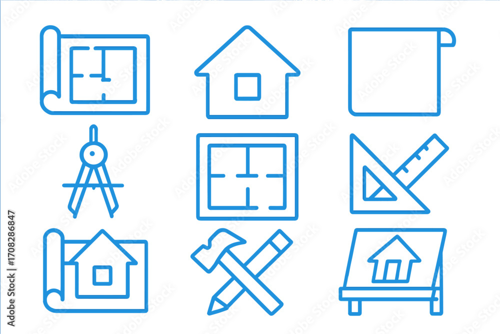 Poster architecture line icon set. blueprint, house plan, and engineering symbols for web and mobile. vecto