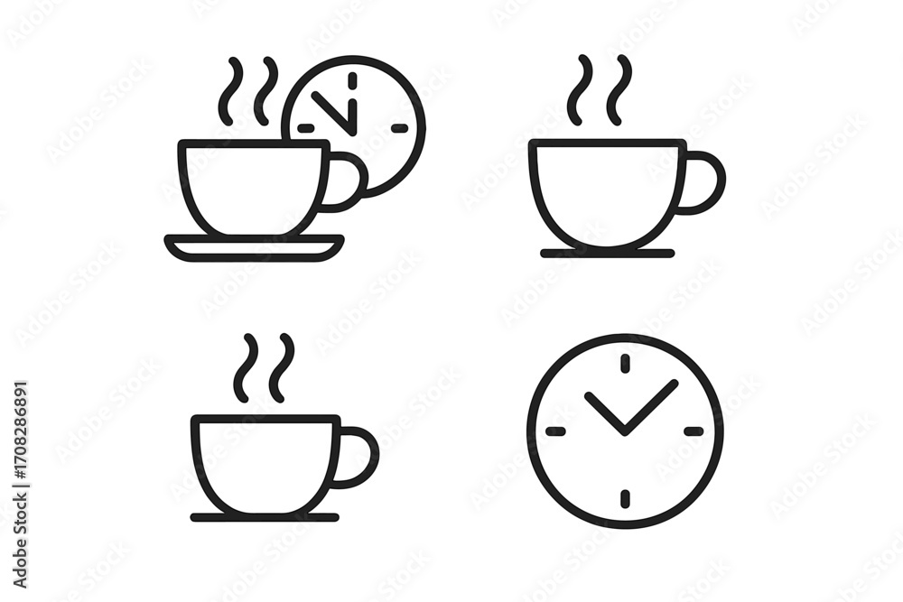 Poster coffee break line icon set. minimalist coffee cup and clock outline symbols for web and mobile app d