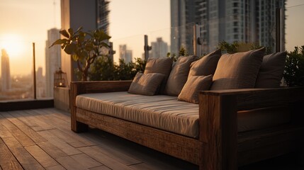 Rustic wooden outdoor couch with cushions on a rooftop terrace at sunset.
