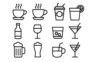 Beverage and drink thin line icon set. Coffee, tea, wine, beer, cocktail and juice vector symbols. Outline pictogram collection for web design, apps, menu and infographics.