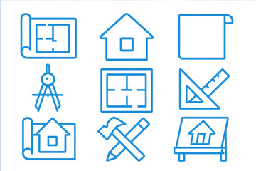 Architecture line icon set. Blueprint, house plan, and engineering symbols for web and mobile. Vector collection of construction project and building pictograms.