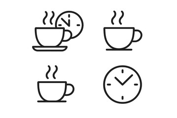 Coffee break line icon set. Minimalist coffee cup and clock outline symbols for web and mobile app design. Vector illustration for cafe menu, office break, morning routine.