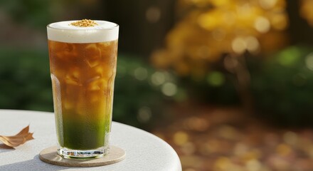 Refreshing Iced Drink in a Clear Glass with Foam and Garnish on a Sunny Autumn Day