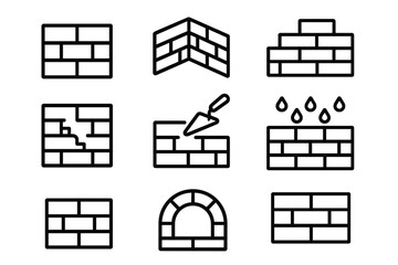 Building and construction thin line icon set. Brick wall, masonry, and architecture outline signs. Vector symbols for trowel work, repair, and waterproof concepts.