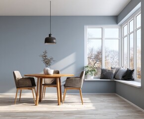 A stylish, modern dining area with a large bay window, light-filled and cozy, showcases a wooden table with comfortable chairs.