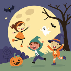 Fun Halloween illustration with kids in costumes, ghost, bats, pumpkin and full moon spooky background