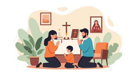 Flat style illustration of a family praying together at a home altar with a cross, Bible, candle, and holy images, symbolizing faith, devotion, and Christian spirituality at home