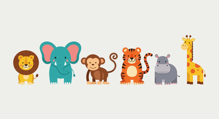 Adorable collection of friendly safari animals standing in a row. A cute cartoon vector illustration set of a lion, elephant, monkey, tiger, hippo, and giraffe