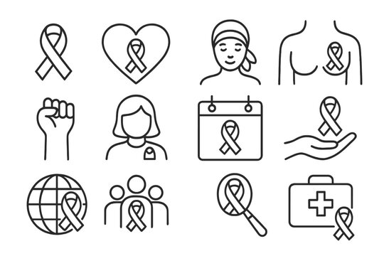 Breast cancer awareness month line icon set. Pink ribbon for hope, charity, and support. Vector icons for survivor, fight, health care, and women's health. Editable stroke. - Powered by Adobe