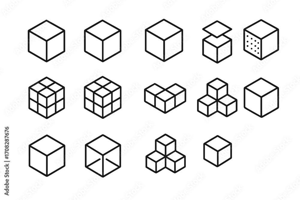 Poster cube icon set vector collection. 3d box and block line art symbols. isometric geometric shapes for l