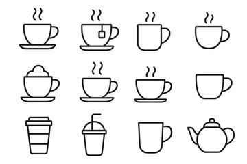 Coffee and tea line icon set. Hot drink symbols collection. Vector cup, mug, cappuccino, latte, teapot outline illustration. Editable stroke for web, app, menu design.