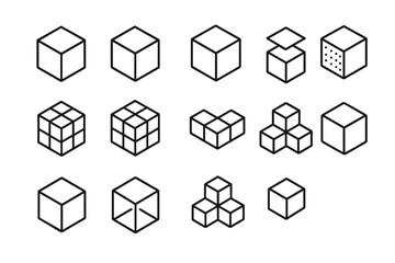 Cube icon set vector collection. 3D box and block line art symbols. Isometric geometric shapes for logo design, blockchain technology, and data concepts. Minimalist outline.