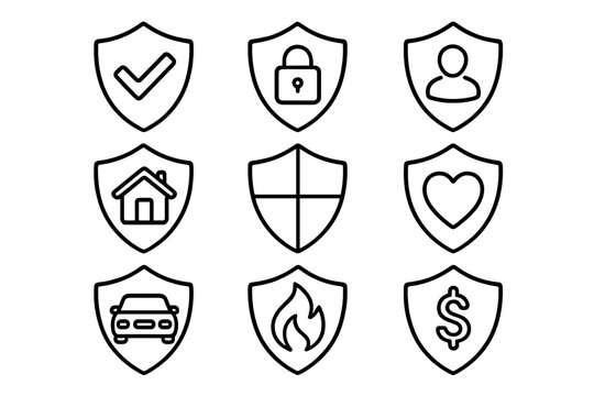 Security insurance vector line icon set. Shield pictograms for defense, safety, protection concepts. Home, car, health, fire, financial and personal safety outline icons.