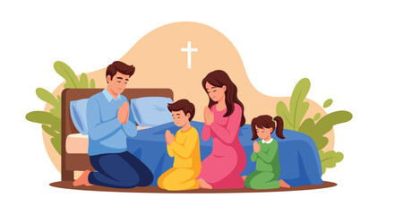 Flat style illustration of a family kneeling together in prayer by the bedside at home, symbolizing faith, devotion, unity, and Christian spirituality in daily life