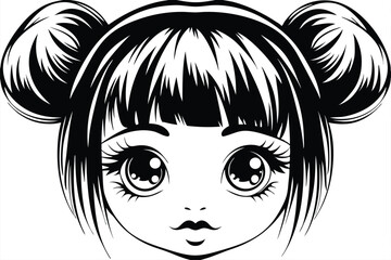 Anime style girl with a cute face and twin buns looks very elegant
