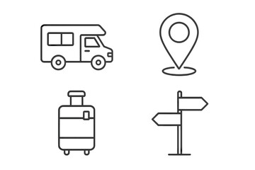 Motorhome camper RV travel vehicle, location map pin icon, suitcase baggage luggage travel bag, directional street sign pointer, travel and tourism thin line vector icons