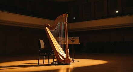 A grand harp sits center stage in a large concert hall, bathed in warm light