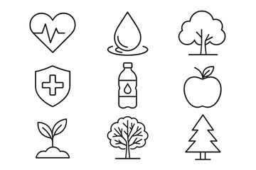 Health, nature, wellness thin line icon set. Vector collection of simple symbols. Heartbeat, water, tree, apple, medical shield. Eco lifestyle, environment graphic elements.