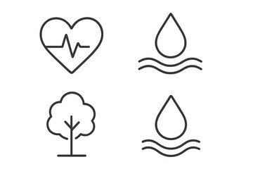 Obraz premium Health and nature icon set. Heartbeat, cardiology, pulse, life. Water drop, hydration, aqua symbol. Tree, environment, ecology sign. Thin line vector elements for web app design.