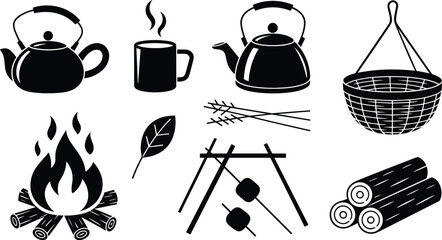 Vintage camping tea set, campfire cooking tools, outdoor kettle and mugs, rustic coffee setup for adventure, hand-drawn black and white illustrationVintag