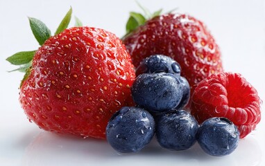 Obraz premium Close-up of fresh berries. Red strawberries, plump blueberries, and raspberries are grouped together, glistening with water droplets