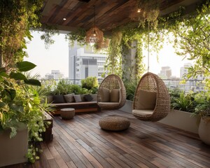 Elevated outdoor seating area with lush greenery.