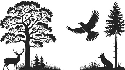 Silhouette of forest wildlife with deer, flying bird, fox, and tall trees, natural wilderness scene, peaceful outdoor nature landscape, wildlife 