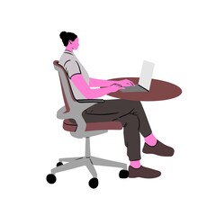 Woman Office Worker Sitting on Chair Working with Laptop Flat Vector