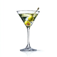 Elegant martini glass filled with icy drink, garnished with olives and a stirrer