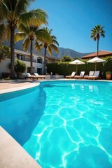 A sparkling blue swimming pool on a sunny summer day, perfect for a refreshing dip Clean water shimmers under the bright sunlight, inviting relaxation and summer fun , refreshing, paradise, crystal