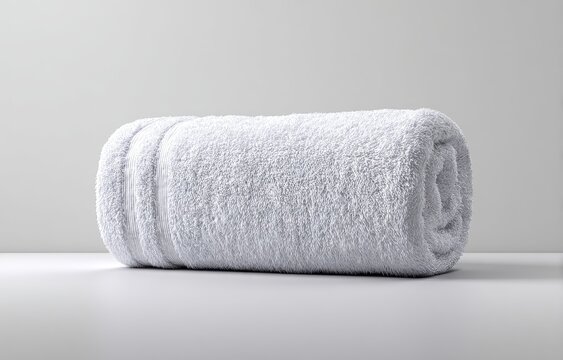 Rolled white bath towel against a light gray background. A simple, clean, and crisp image of a folded towel