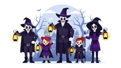 Halloween Gathering: A spooky family, adorned in bewitching attire and illuminated by flickering lanterns, gathers in the twilight, evoking a sense of eerie fun.