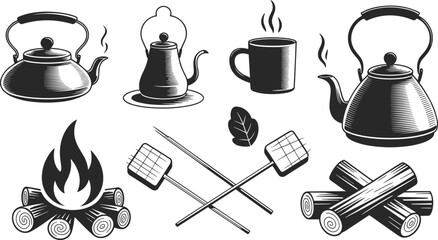 Vintage camping tea set, campfire cooking tools, outdoor kettle and mugs, rustic coffee setup for adventure, hand-drawn black and white 