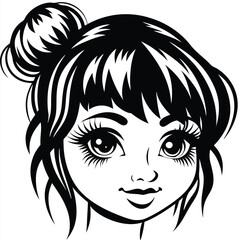 Beautiful girl's face is smiling, featuring a monochrome scheme and stylized bun hairstyle