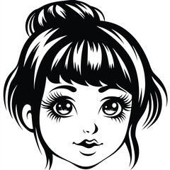Black and white shows a girl's face with big eyes and hair bun