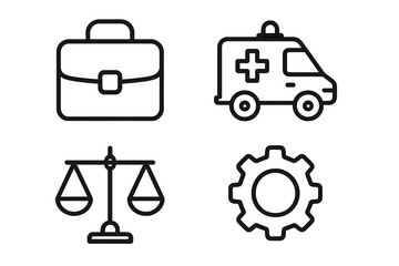 Business briefcase ambulance scale gear line icons set. Outline signs for health, justice, work, engineering, graphic design, apps, and web projects vector illustration