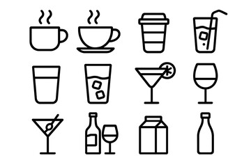 Set of beverage related line icons, cup outline signs for graphic and web design, apps, adverts, cards, coffee, tea, cocktails, wine, milk, juice vector illustration