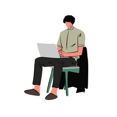 Man Sitting at Desk with Laptop in Office Environment Flat Vector