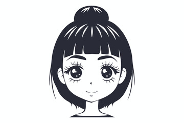 Cartoon girl with big eyes and a hair bun is displayed