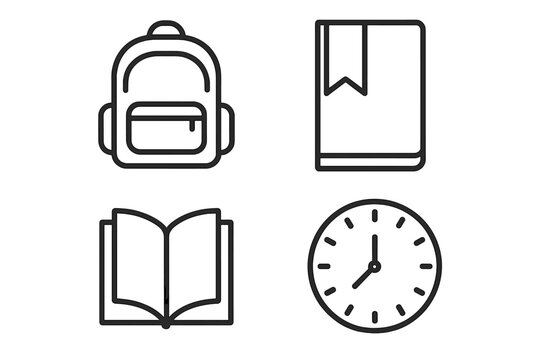 School college university education icons set. Editable line stroke vector graphics for websites, apps, cards. Includes backpack, bookmark, open book, clock symbols for learning and study concepts.