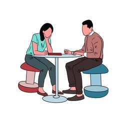 Two People Sitting at Table Discussing Work with Laptop Flat Design