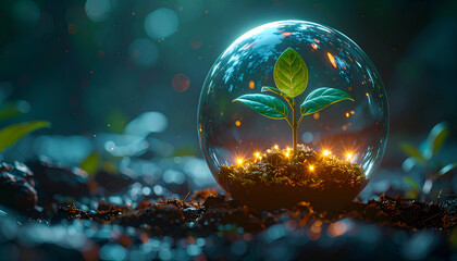 Enclosed Sapling: Glowing Orb and Sprout in Dark Soil