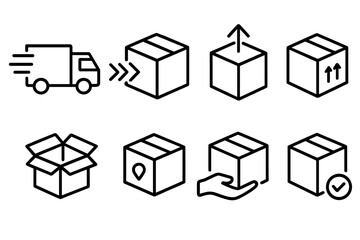 Set of delivery and shipping line icons with truck, package, box, shipping symbols, tracking, open parcel, handling hand, and approval checkmark for web, apps, ecommerce vector design