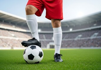 Fototapeta premium Soccer Player's Foot on Ball, Stadium Background, Ready to Play, Close Up