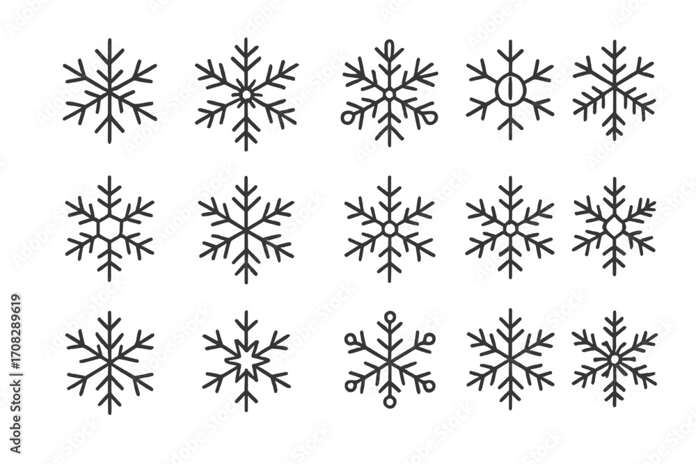 Poster snowflakes outline simple linear vector collection with editable strokes, winter decorative elements
