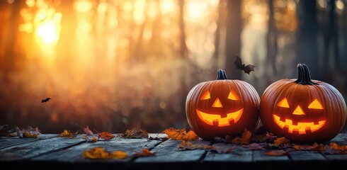 Halloween pumpkins with glowing faces on wooden table in autumn forest at sunset, spooky seasonal background perfect for party invitations and festive promotions