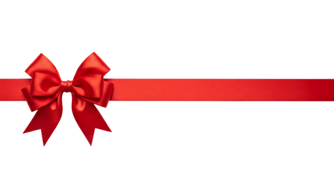 Red gift ribbon with a bow tied in the center, horizontal layout. Isolated on transparent background, png