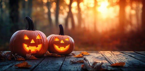 Two glowing jack o lantern pumpkins on rustic wooden table with autumn leaves in forest at sunset, atmospheric Halloween background perfect for seasonal invitations and ads