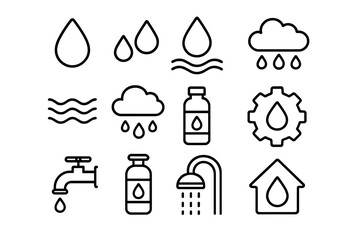Water related icon set with editable stroke, vector cartoon illustration of drops, rain, shower, faucet, bottle, waves, gear, and house symbols for web, apps, books, cards