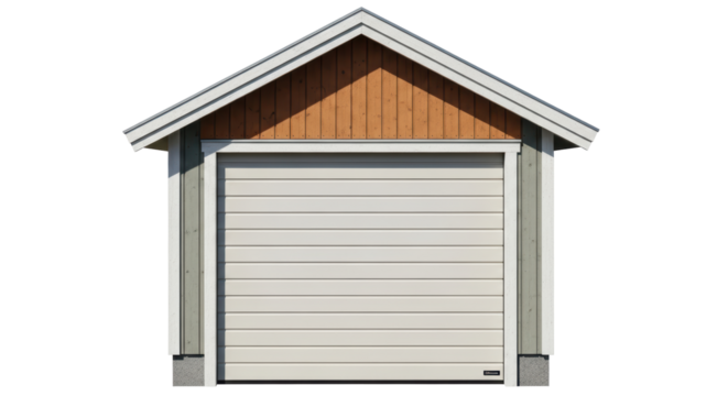 Isolated home garage shed with paneled door offering vehicular access and storage space